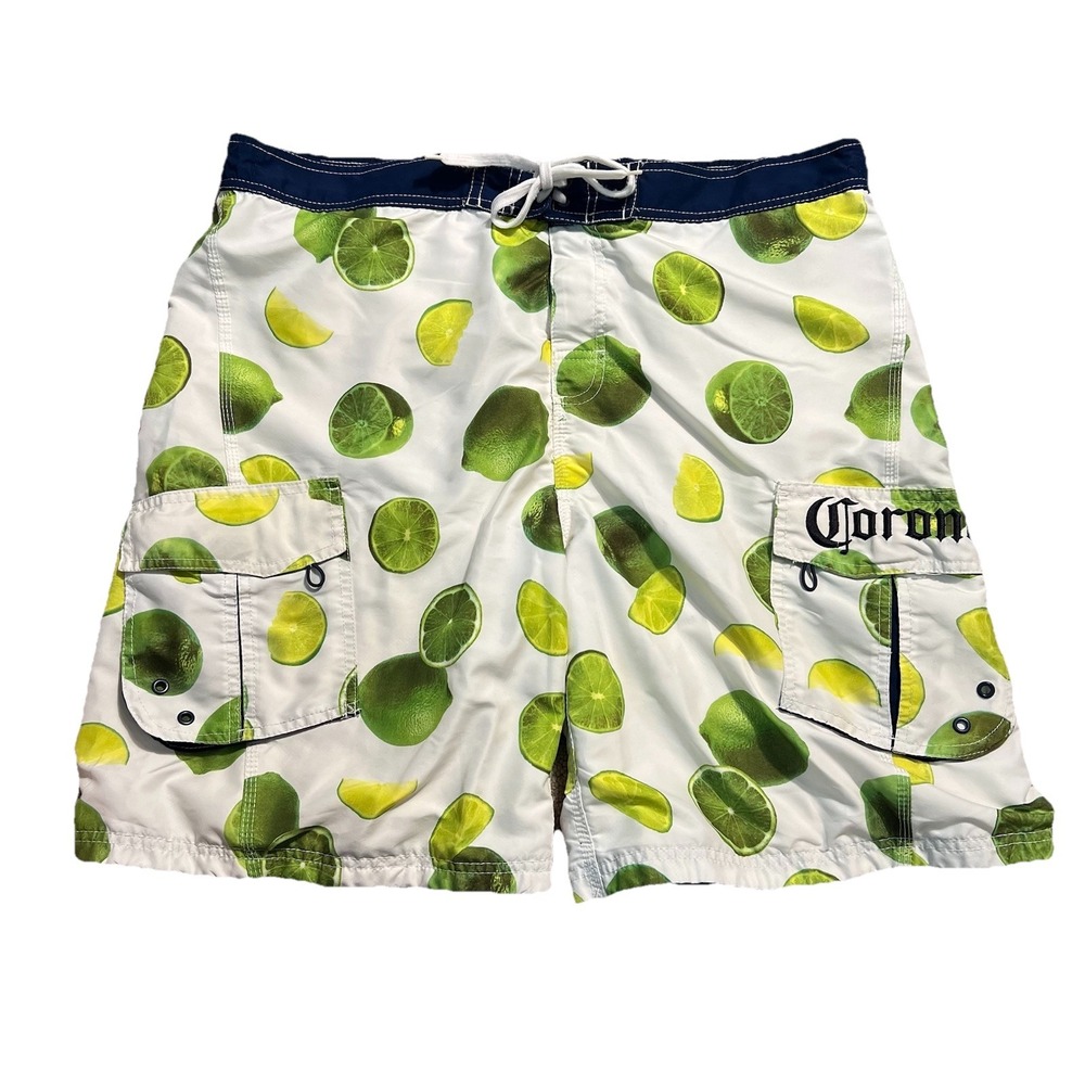 Corona Extra Men's XL  White Lined With Lime Design‎ Board Shorts Lrg Pockets
